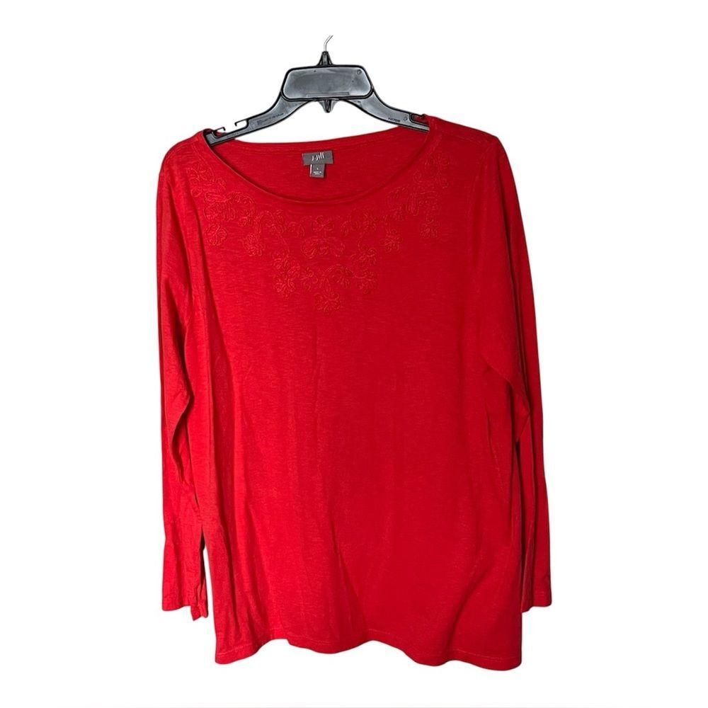 J. Jill Coral Pink Round Neck Long Sleeve Embroidered T-Shirt Top Size Large